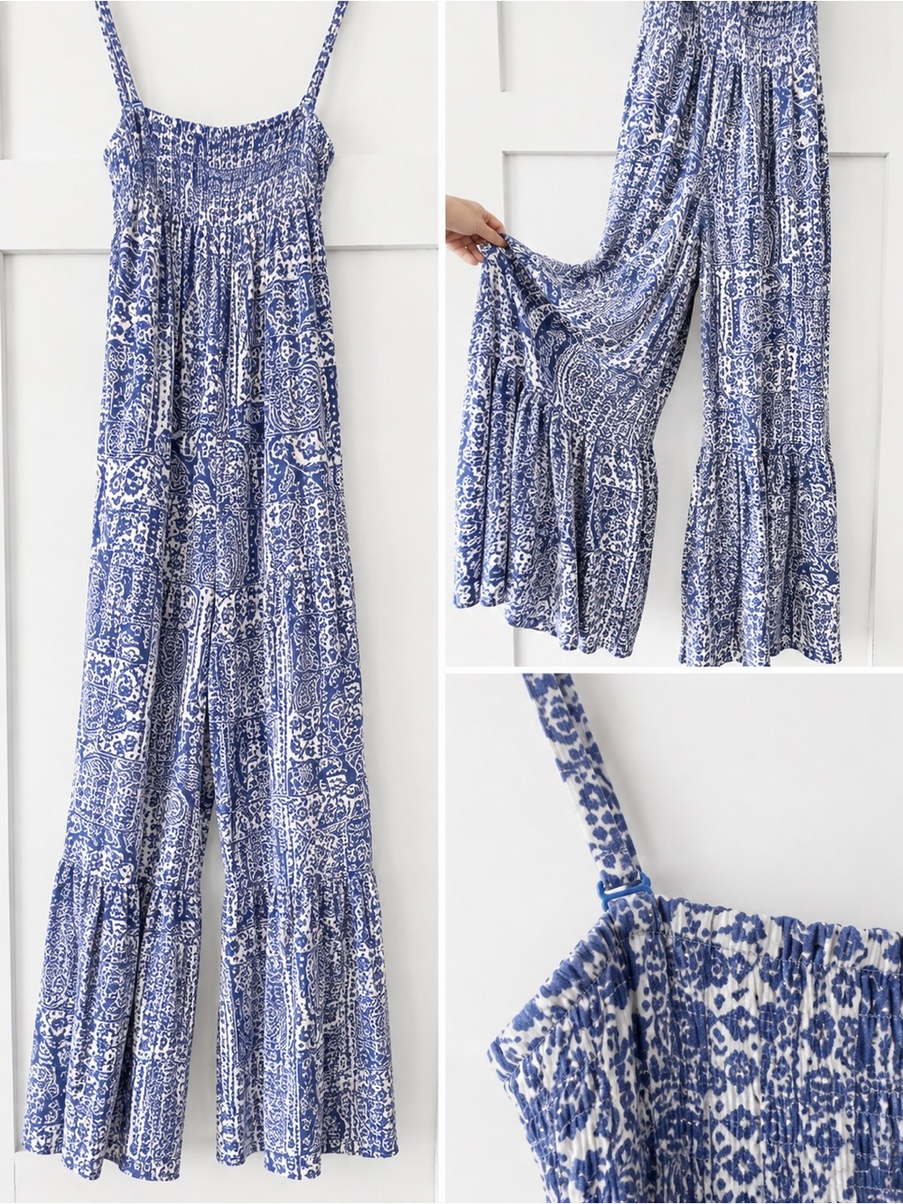 Jessica Simpson Blue and White Printed Wide-Leg Jumpsuit